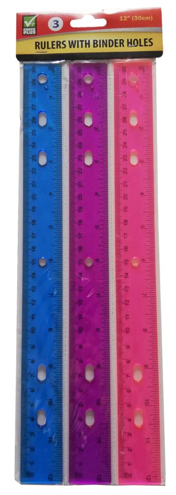 48 Pieces of Check Plus Plastic Ruler 3 Ct With Binder Holes Assorted Colors