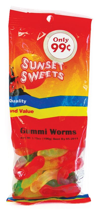 12 pieces of Sunset Gummi Worms 3.1 Oz Prepriced At 0.99