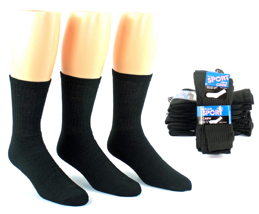 24 Pairs of Men's Athletic Crew Socks - Black - Size 10-13