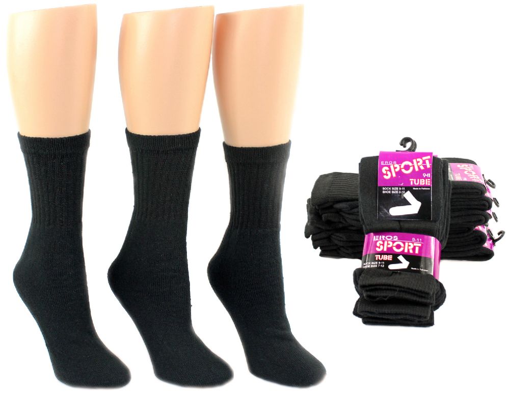 24 Pairs of Women's Athletic Tube Socks - Black - Size 9-11