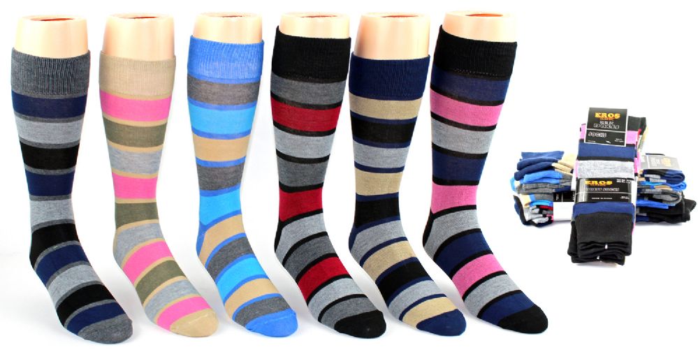 24 Pairs of Men's Casual Crew Dress Socks - Striped Print - Size 10-13