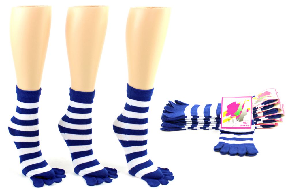 24 Pairs of Women's Toe Socks - Blue & White Striped Print - Size 9-11