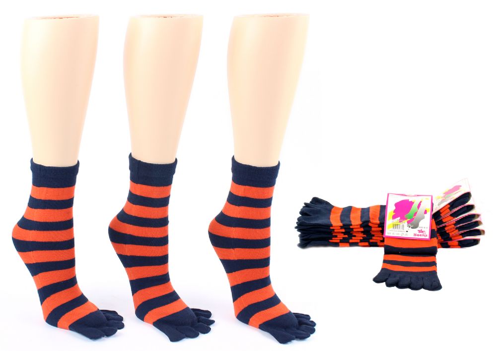 24 Pairs of Women's Toe Socks - Blue & Orange Striped Print - Size 9-11