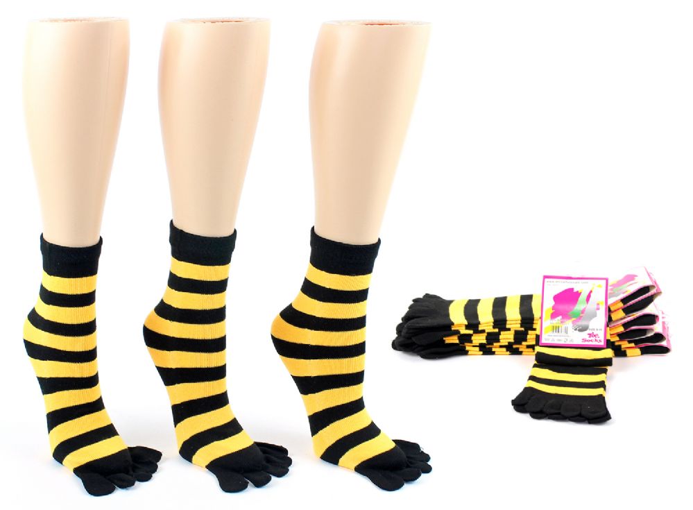 24 Pairs of Women's Toe Socks - Black & Gold Striped Print - Size 9-11