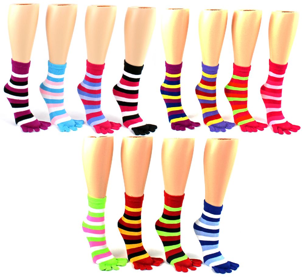 24 Pairs of Women's Toe Socks - Striped Print - Size 9-11