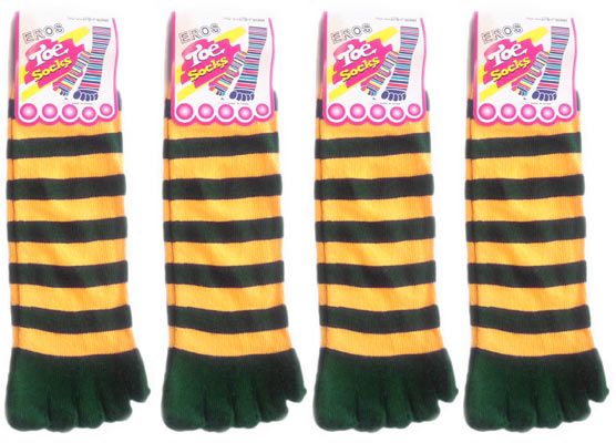 24 Pairs of Women's Toe Socks - Green & Gold Striped Print - Size 9-11