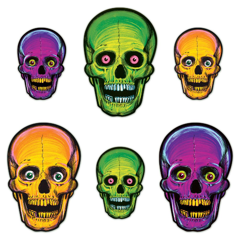 12 Pieces of Vintage Halloween NitE-Glo Skull Cutouts