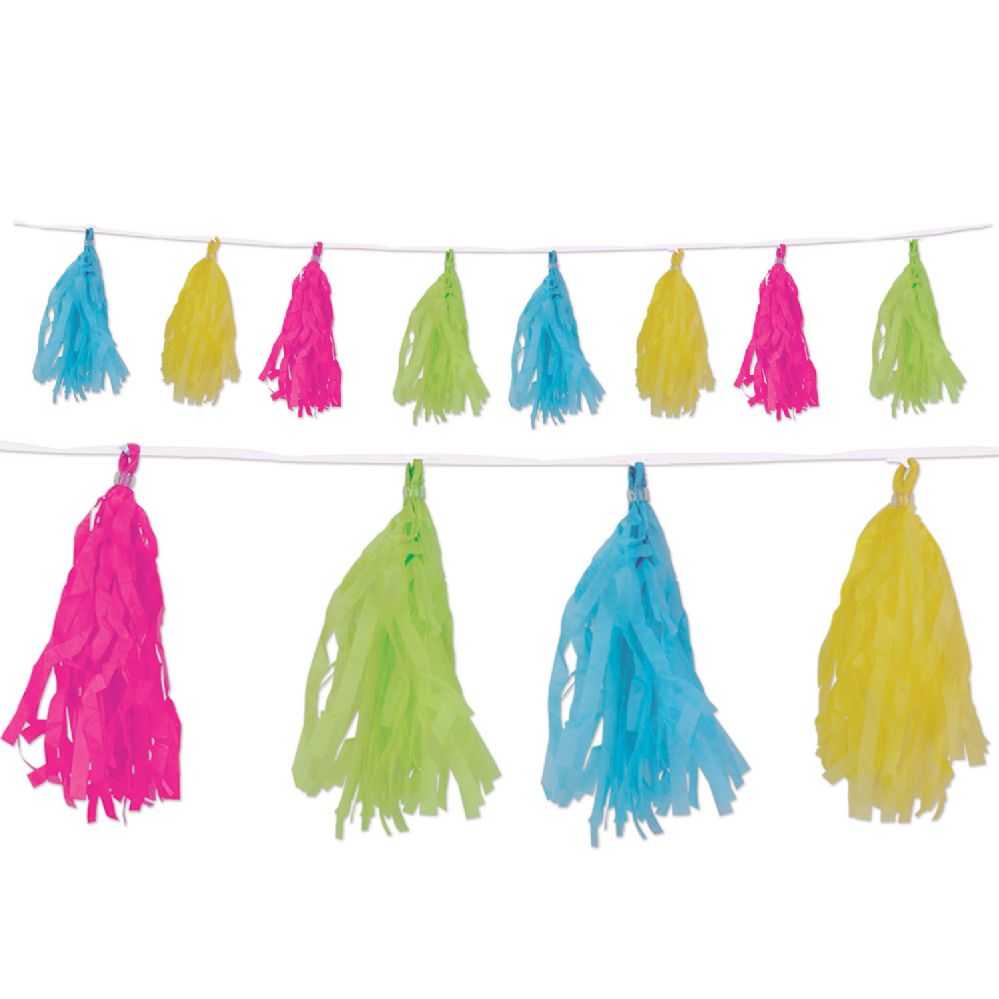 12 Pieces of Tissue Tassel Garland Cerise, Lime Green, Turquoise, Yellow; 12 Tassels/garland