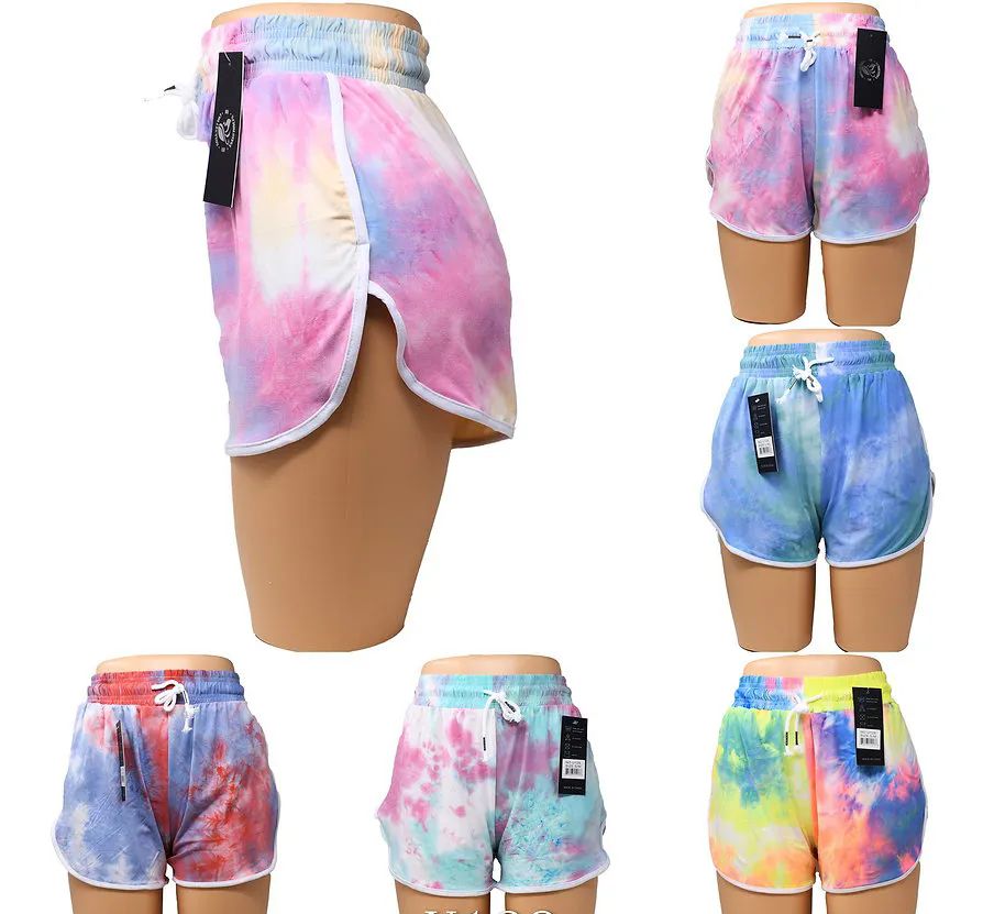 24 Wholesale Womens Abstract Tie Dye Print Elastic Waist Nylon Shorts Size S / M