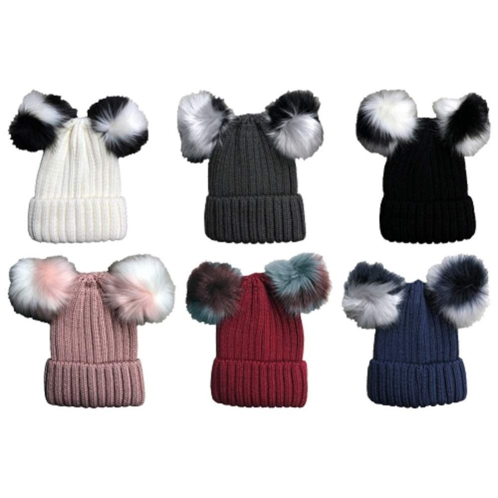 6 Pieces Yacht & Smith Womens 3 Inch Double Pom Pom Ribbed Beanie Hat, Assorted Colors Value Pack - Winter Beanie Hats