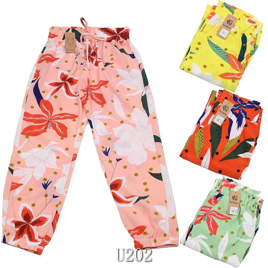 24 Pieces Floral Leaf Pattern Jogger Cuff Rayon Pants Size L - Womens Active Wear