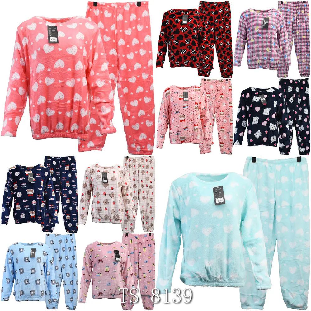 12 Wholesale Fuzzy Pajama Assorted Print Size L/ xl