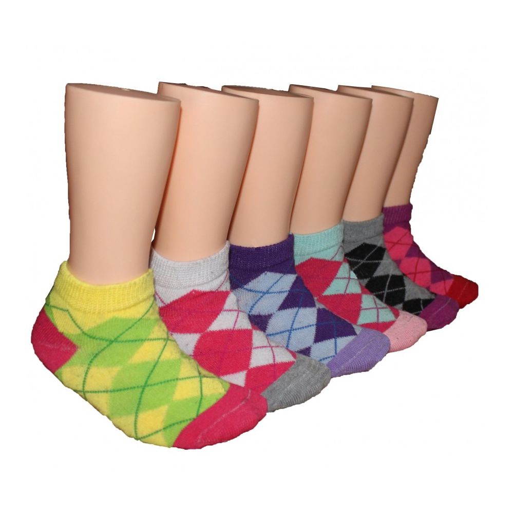 480 Wholesale Girls Argyle Low Cut Ankle Socks Size 4-6