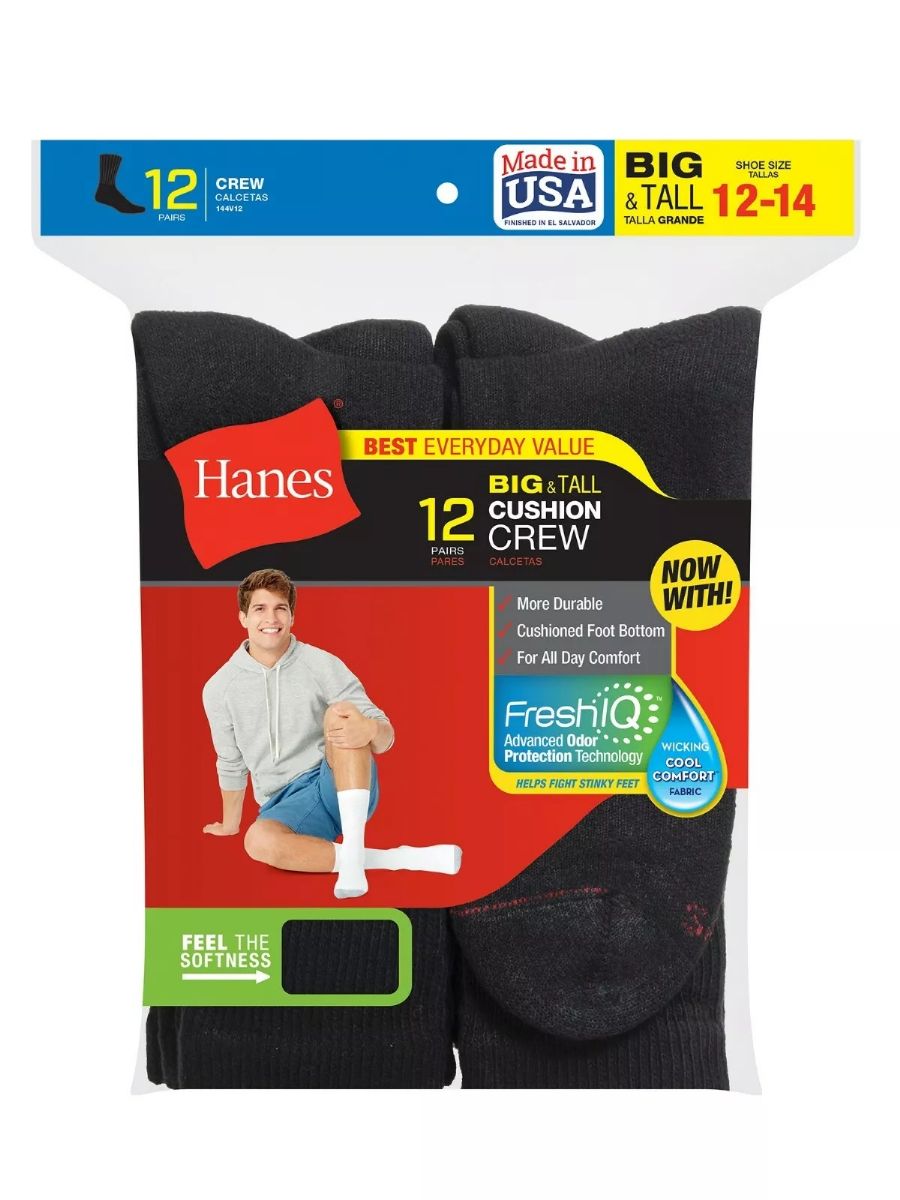 3600 Pairs Hanes Big And Tall King Size Mens Black Crew Socks Shoe Size 12-14 - Inmate Clothing and Footwear