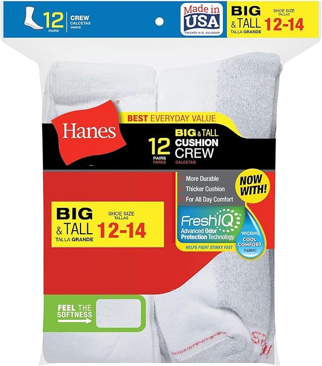 Hanes Big And Tall King Size Mens White Crew Socks Shoe Size 12-14
