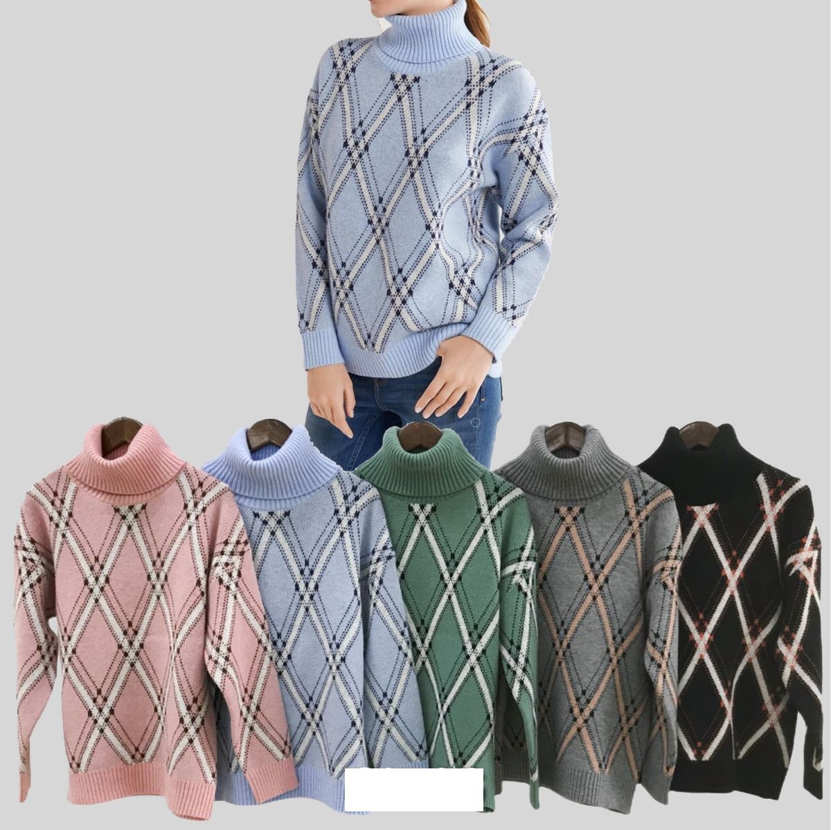 12 Pieces of Knitted Cashmere Turtleneck Sweater Stripes Design L/xl