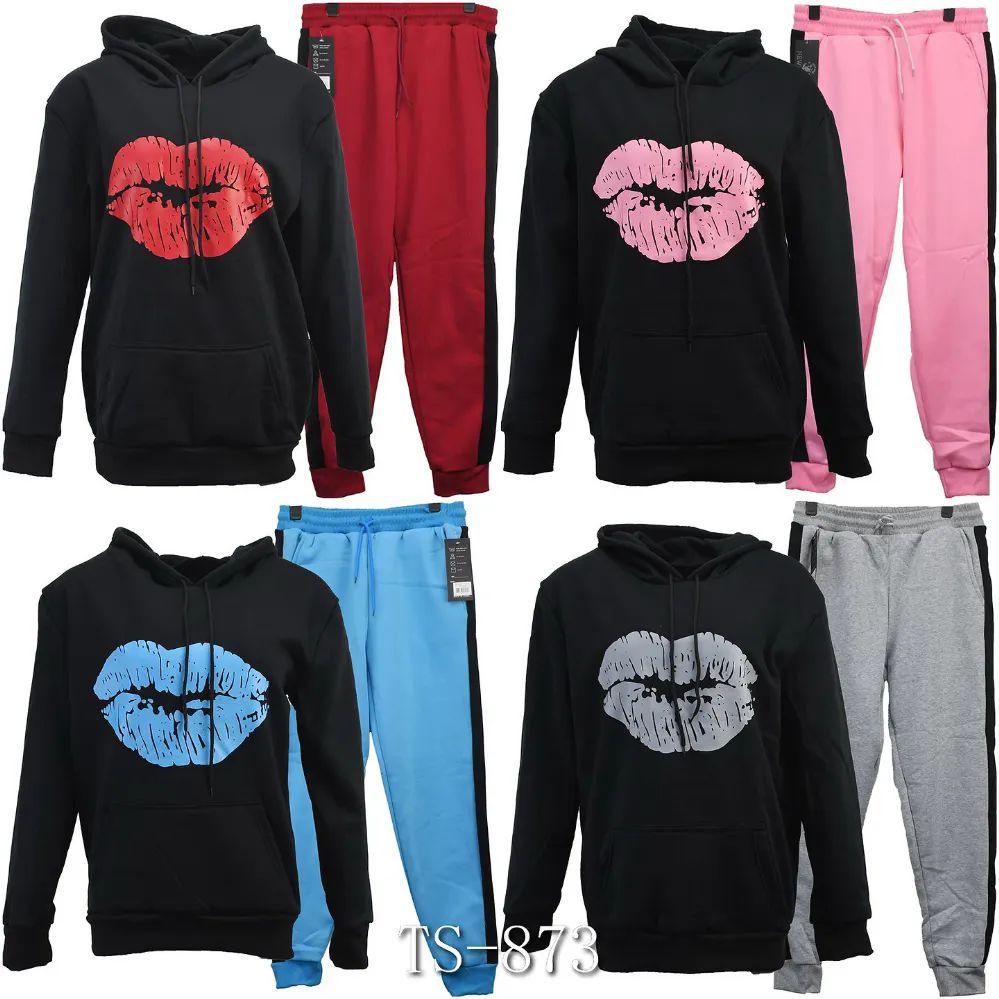 12 Wholesale Lips Print Jogger Set Fleece Lining Size L xl at