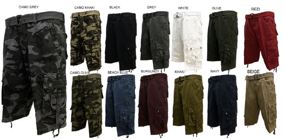 12 Wholesale Men's Cargo Belted Short In Black Pack B
