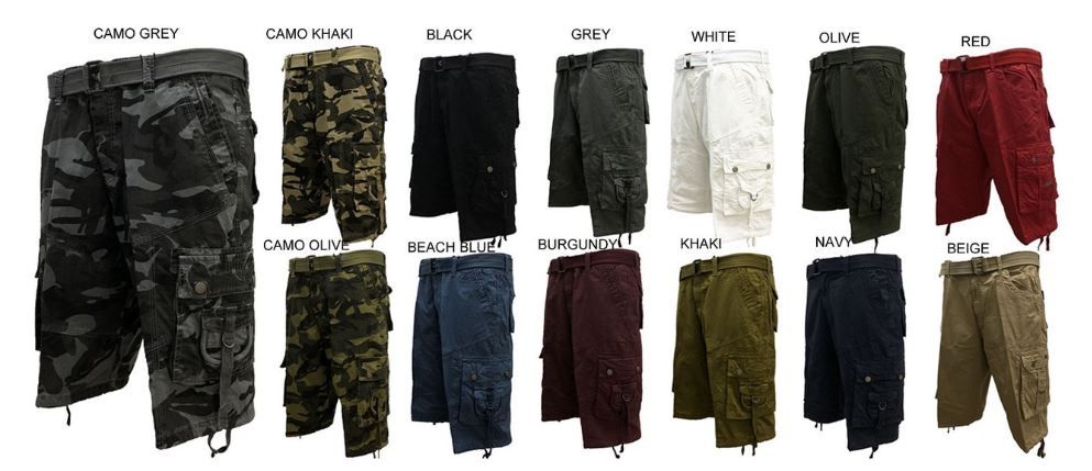 12 Wholesale Men's Fashion Cargo Shorts With Belt In Black Pack aa
