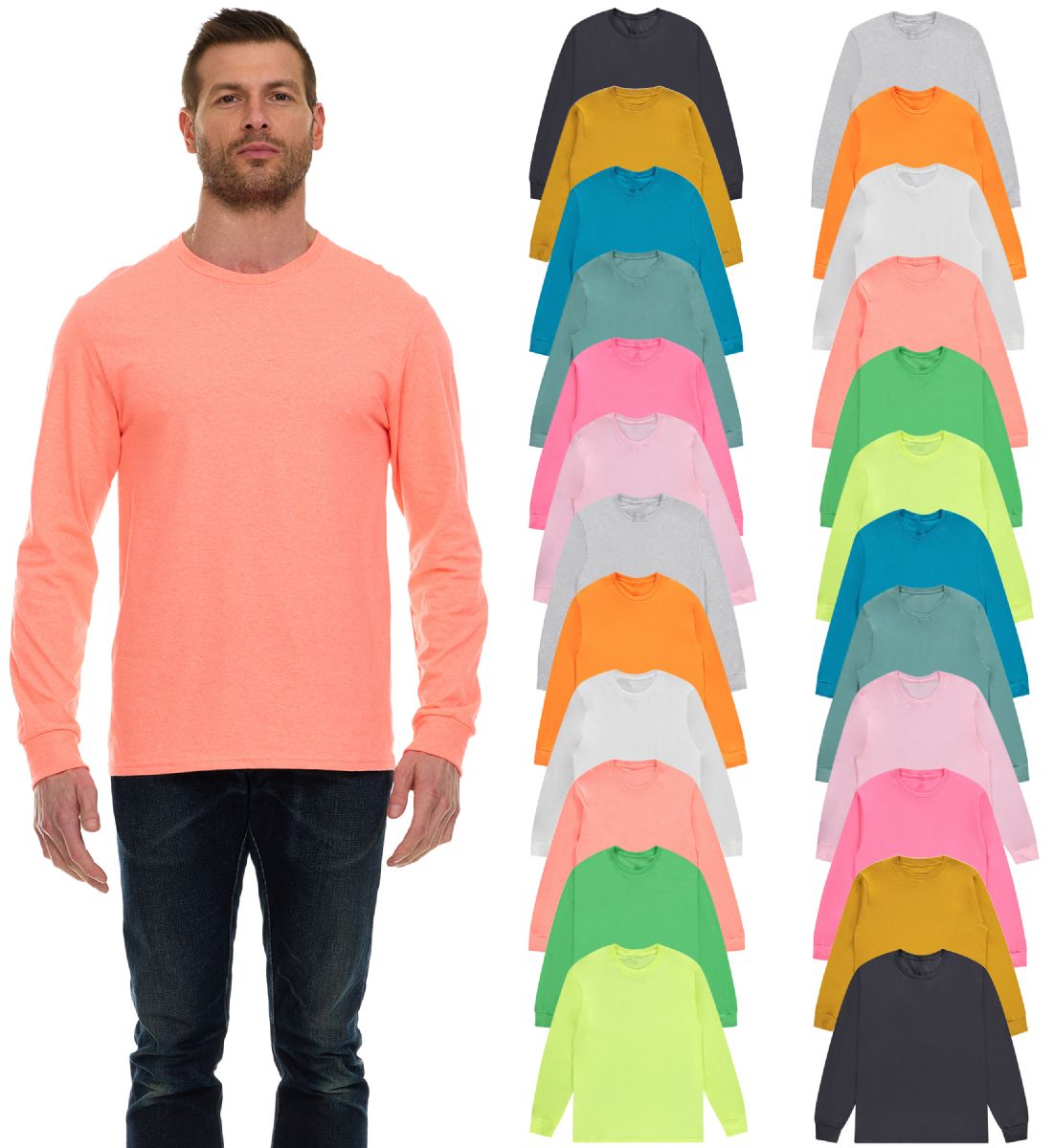 24 Pieces of Mens Assorted Light Colors Long Sleeve T-Shirt Size 4xlarge