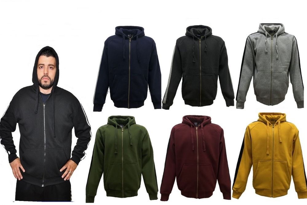 12 Pieces Mens Full Zip Hoodie With Side Stripe In Olive (pack C: XL-4xl) - Mens Sweat Shirt