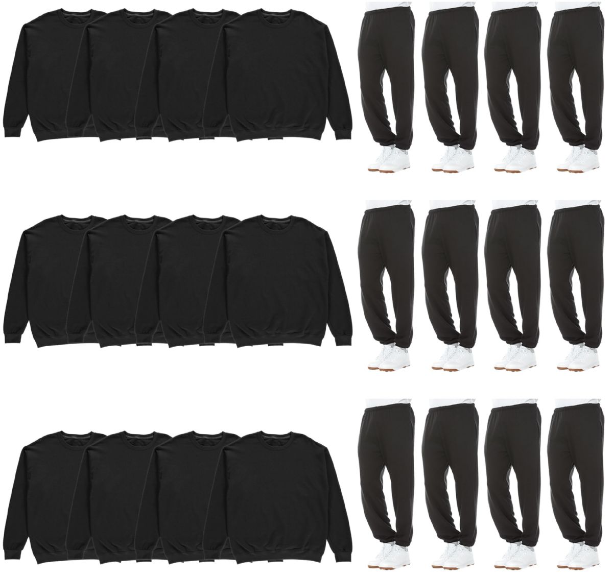 24 Wholesale Mix And Match Mens Fleece Assorted Jogger Pants And Black Crew Neck Sweatshirts Size 4xlarge