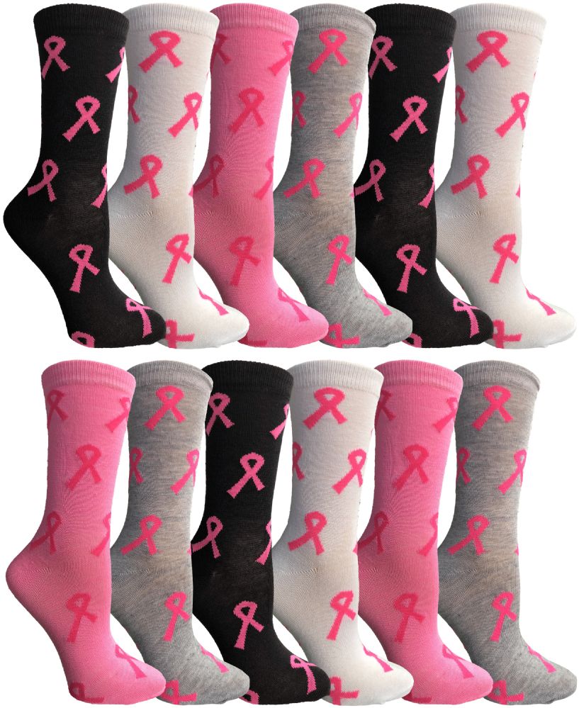 24 Pairs of Pink Ribbon Breast Cancer Awareness Crew Socks For Women Size 9-11