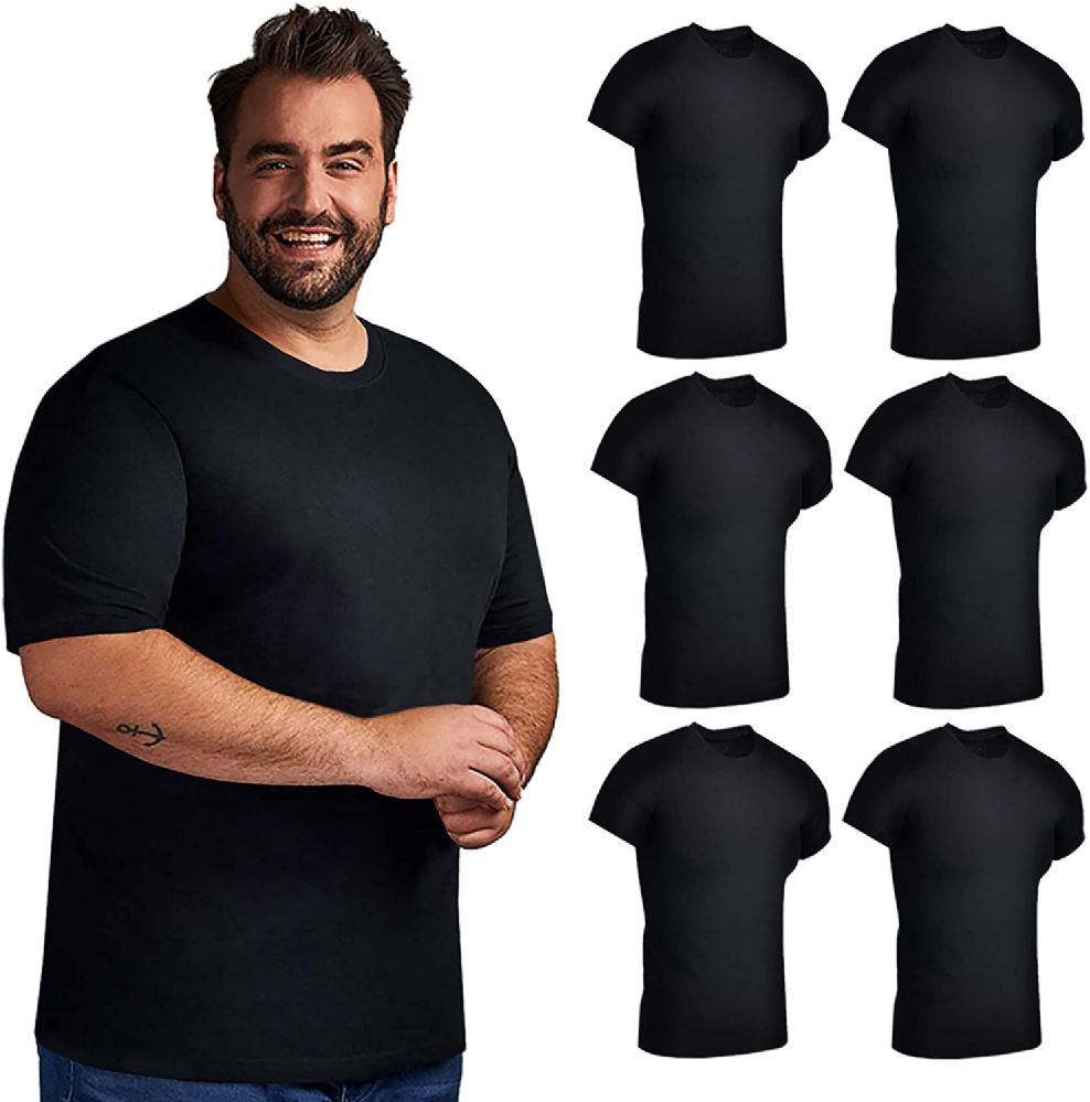 6 Pieces of Plus Size Mens Lightweight Cotton Crew Neck Short Sleeve T-Shirts Black, 6xl