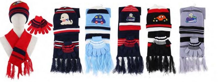 432 Wholesale Yacht & Smith Boys 3 Piece Winter Set , Hat Glove Scarf Assorted Prints Ages 1-8