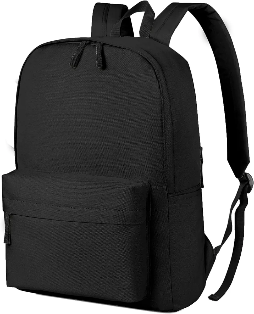 48 Wholesale 15inch Black Backpack With Adjustable Padded Straps And Front Pocket