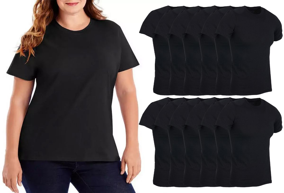 48 Wholesale Women's Cotton Short Sleeve T Shirts Solid Black Size Large