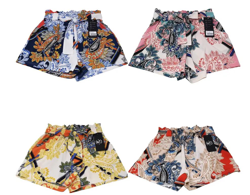 24 Wholesale Womens Tribal Patterns Paper Bag Waist Rayon Shorts Size S / M
