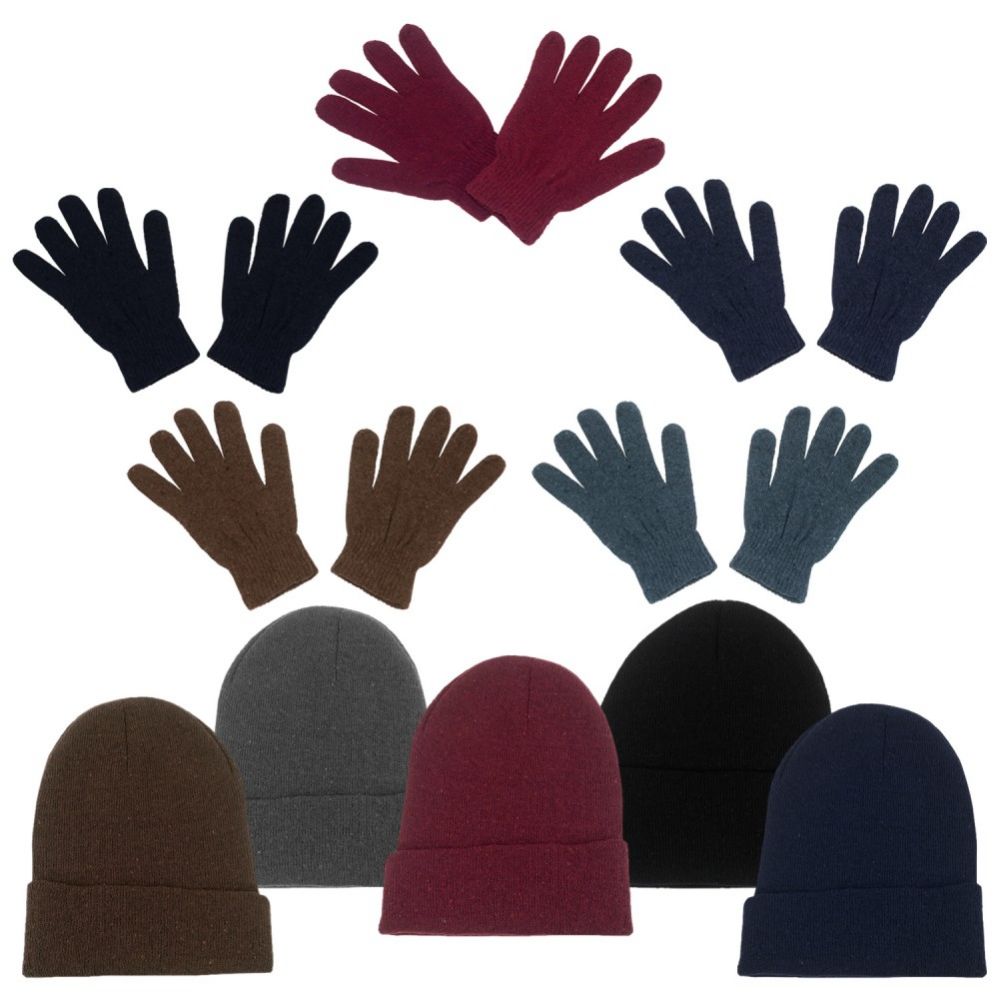 96 Wholesale Unisex Adult Winter Beanie, Gloves In 5 Assorted Colors