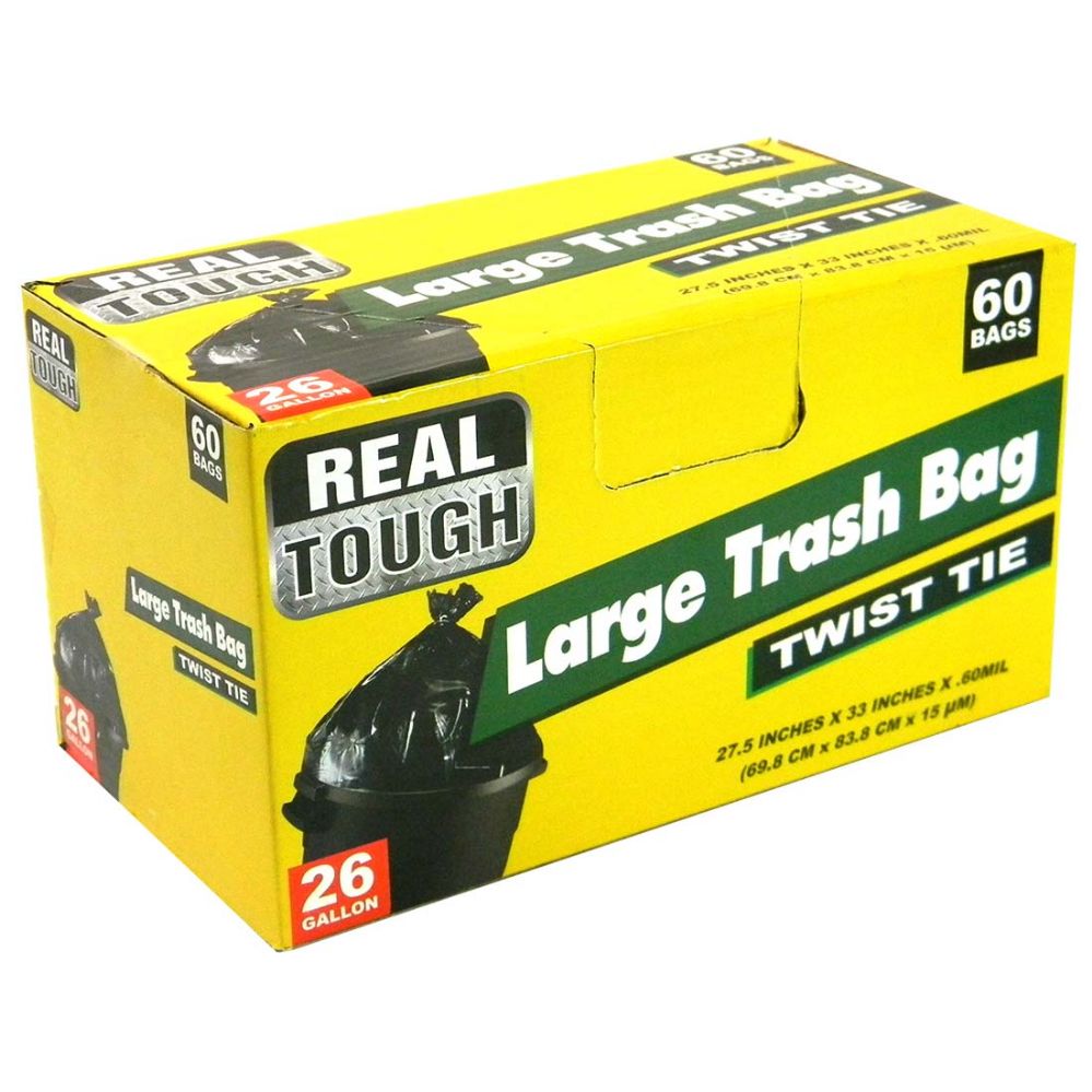 12 Pieces Real Tough Trash Bag 26 Gl 60 Ct Twist Tie Black - Garbage &  Storage Bags - at 