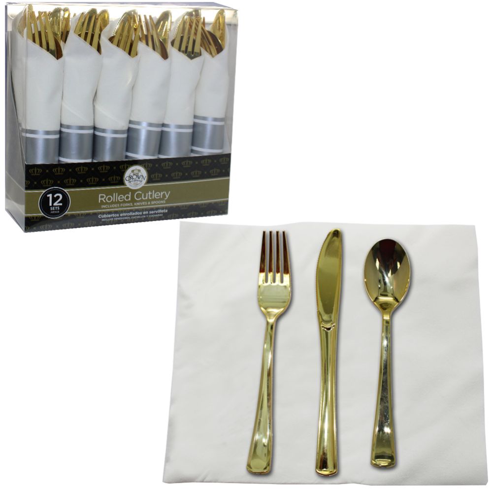10 Pieces Crown Rolled Cutlry 12 Ct Combo + Napkin Holder Gold (forks, Knives & Spoons) - Disposable Cutlery