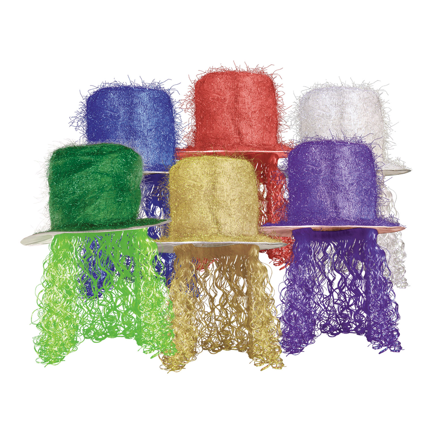 6 Pieces Tinsel Top Hat w/Curly Wig - Party Hats & Tiara