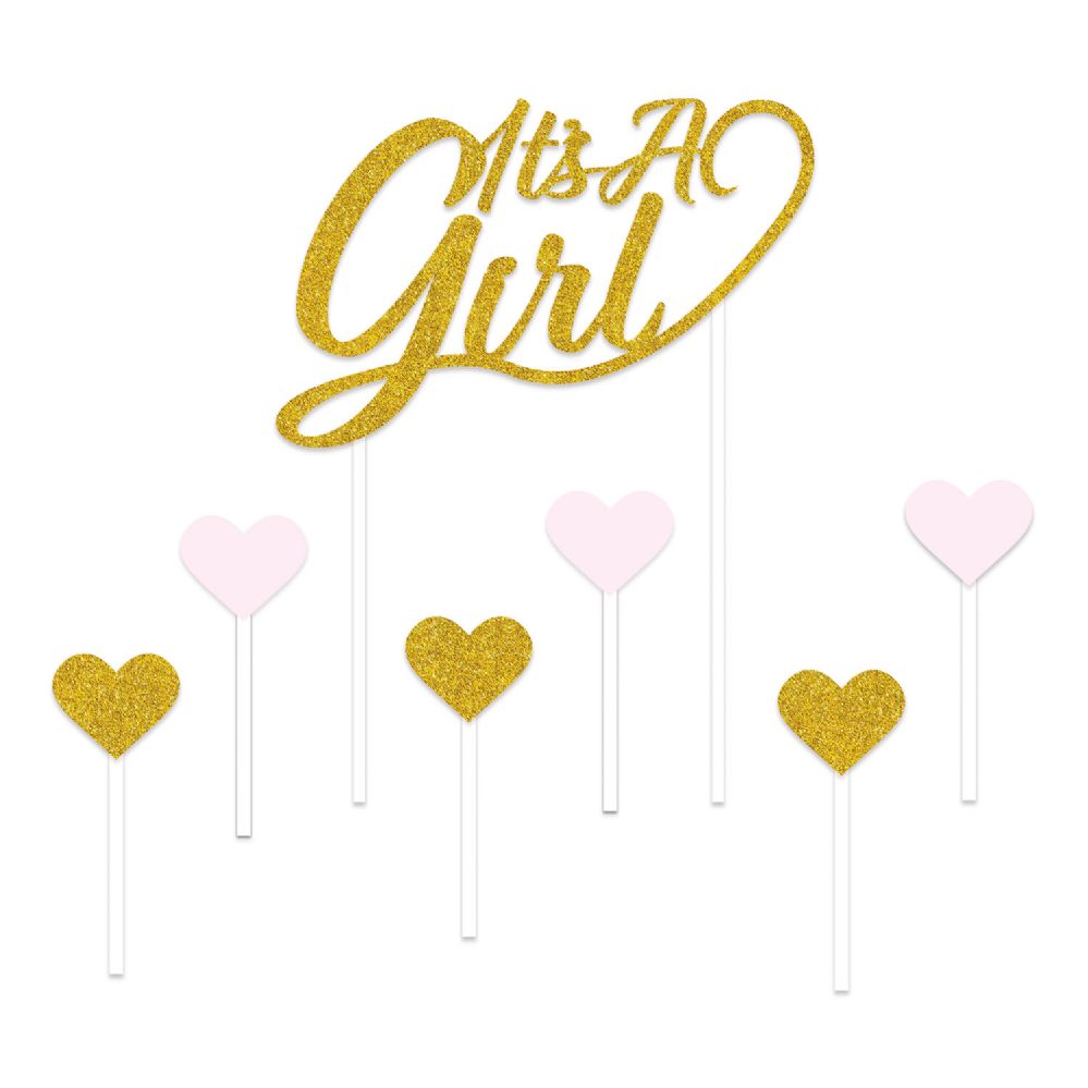 12 Wholesale It's A Girl Cake Topper Gold; 6-1.25  X 3.25  Pink & Gold Heart Picks Included