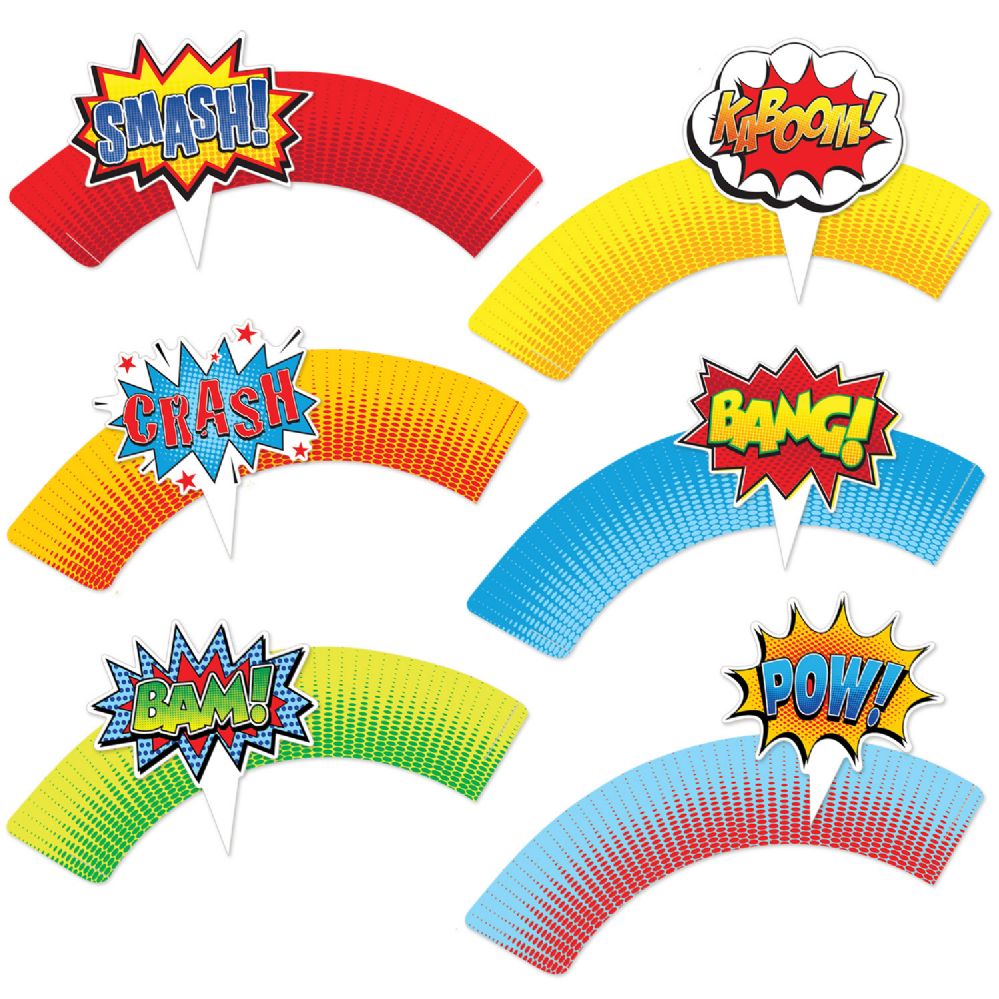 12 Wholesale Hero Cupcake Wrappers 12-4 Action Word Toppers Included