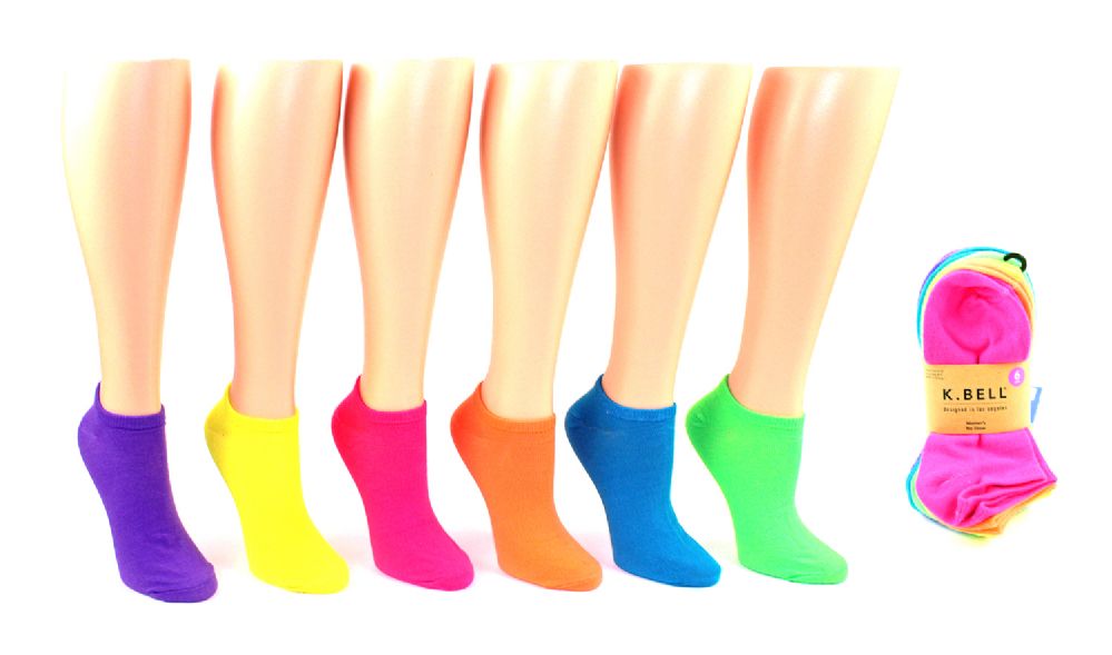 12 Wholesale Women's NO-Show Novelty Socks - K. Bell Brand - Neon Solid Colors - 6-Pair Packs