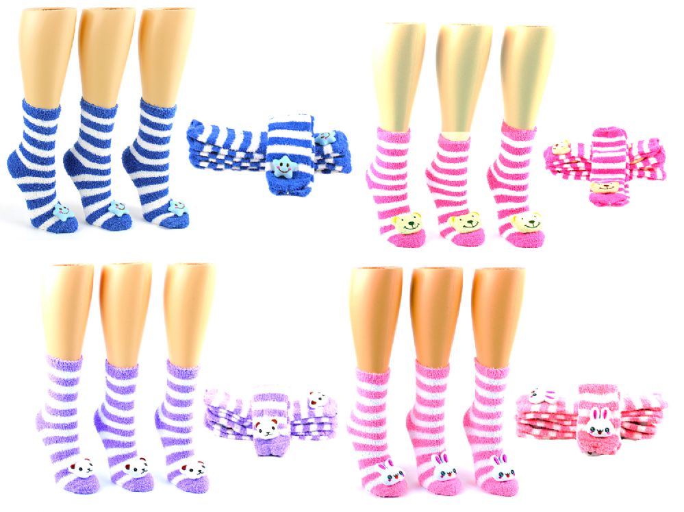 72 Wholesale Women's Fuzzy Crew Socks W/ Plush Adornment - Size 9-11