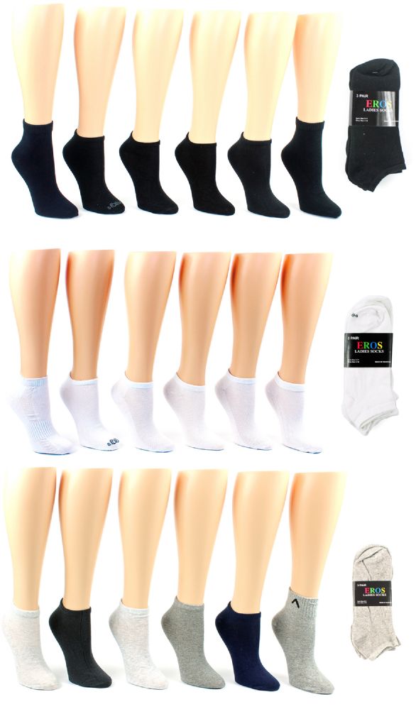 80 Wholesale Low Cut & No Show Socks - Economy Closeout - 3-Pair Packs - Assorted Colors