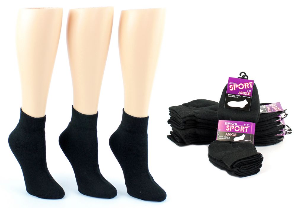24 Wholesale Women's Athletic Ankle Socks - Black - Size 9-11