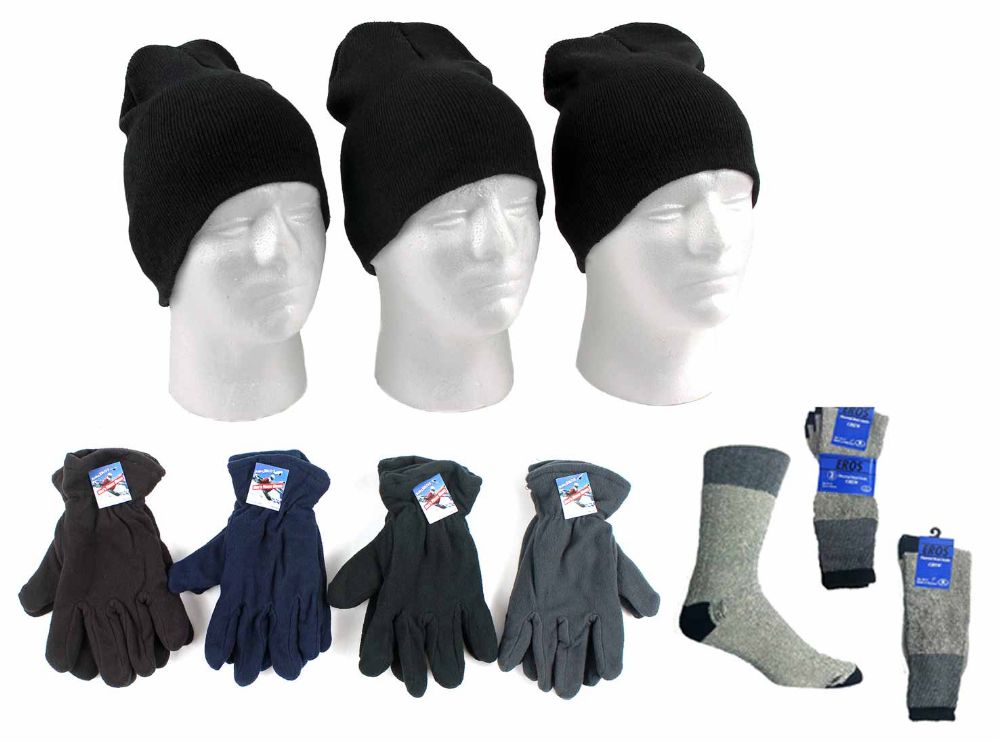 180 Wholesale Adult Beanie Knit Hats, Men's Fleece Gloves, & Men's Thermal Boot Socks Combo