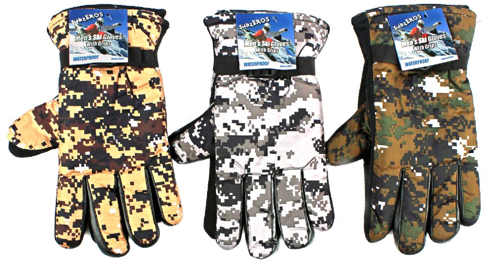 36 Wholesale Men's Camouflage Ski Gloves W/ Grips