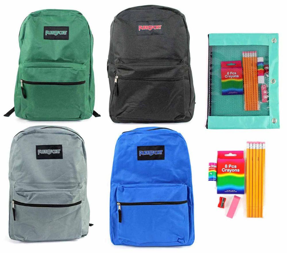 24 Wholesale 15" Classic Puresport Backpack & Elementary School Supply Kit Sets