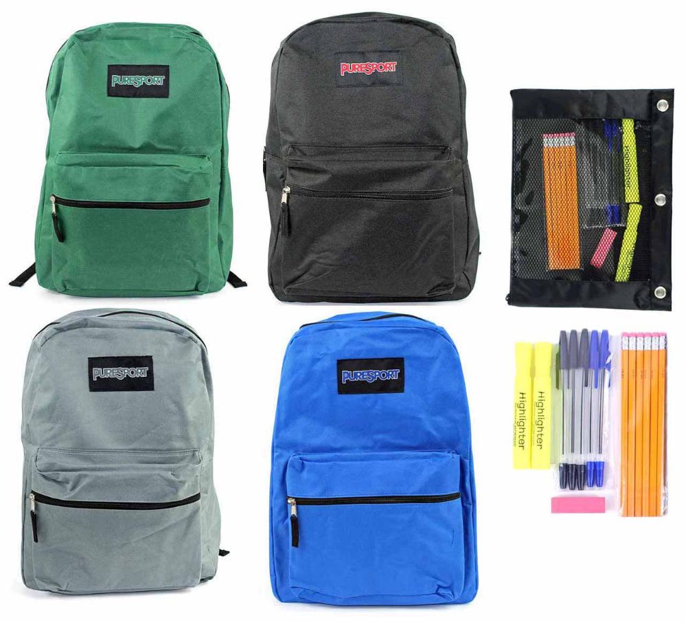 24 Wholesale 15" Classic Puresport Backpack & High School Supply Kit Sets