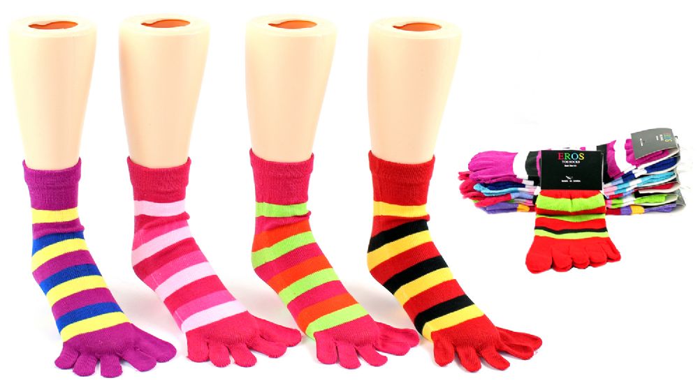 24 Wholesale Girl's Toe Socks - Striped Print - Size 6-8
