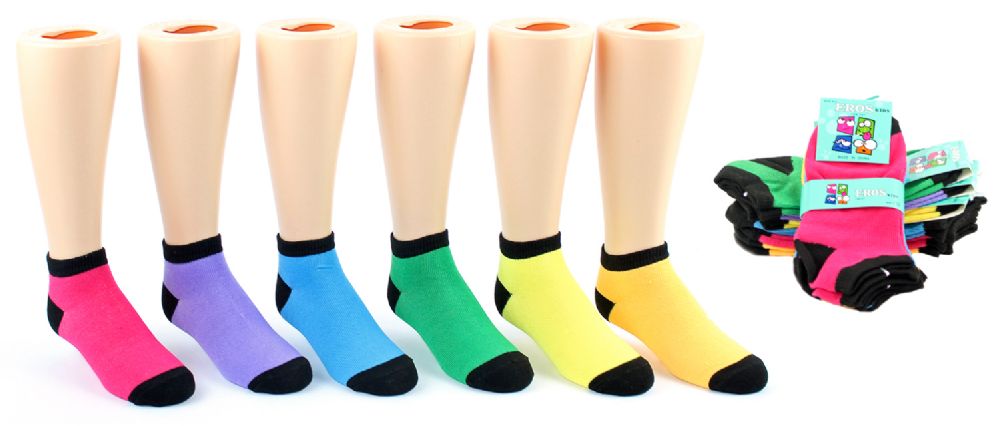 24 Pairs Girl's Low Cut Novelty Socks - Neon W/ Black Heel & Toe - Size 6-8 - Girls Ankle Sock