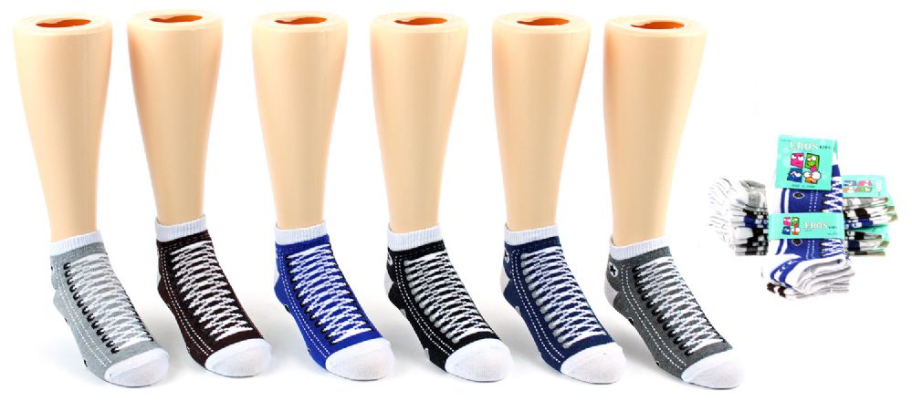 24 Wholesale Boy's Low Cut Novelty Socks - Sneaker Print - Size 4-6