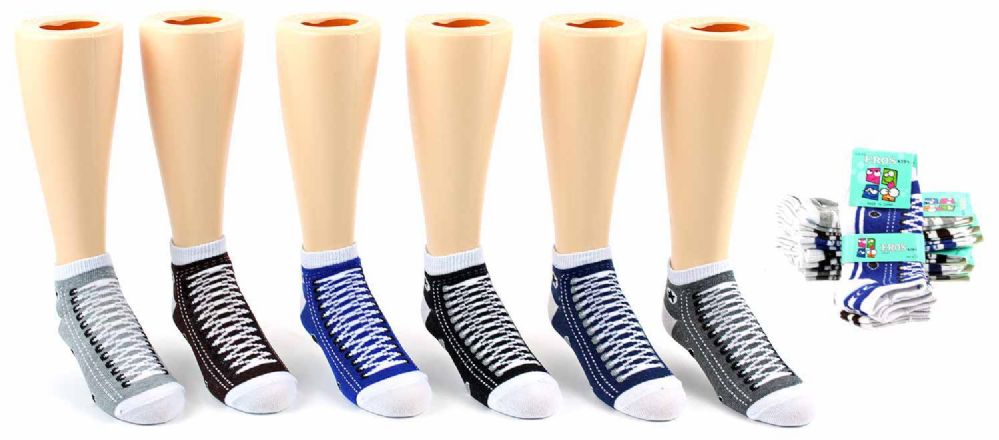 24 Pairs Toddler Boy's Low Cut Novelty Socks - Sneaker Print - Size 2-4 - Boys Ankle Sock